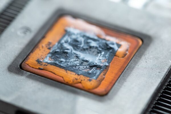 A macro shot of a copper heatsink for computer processors